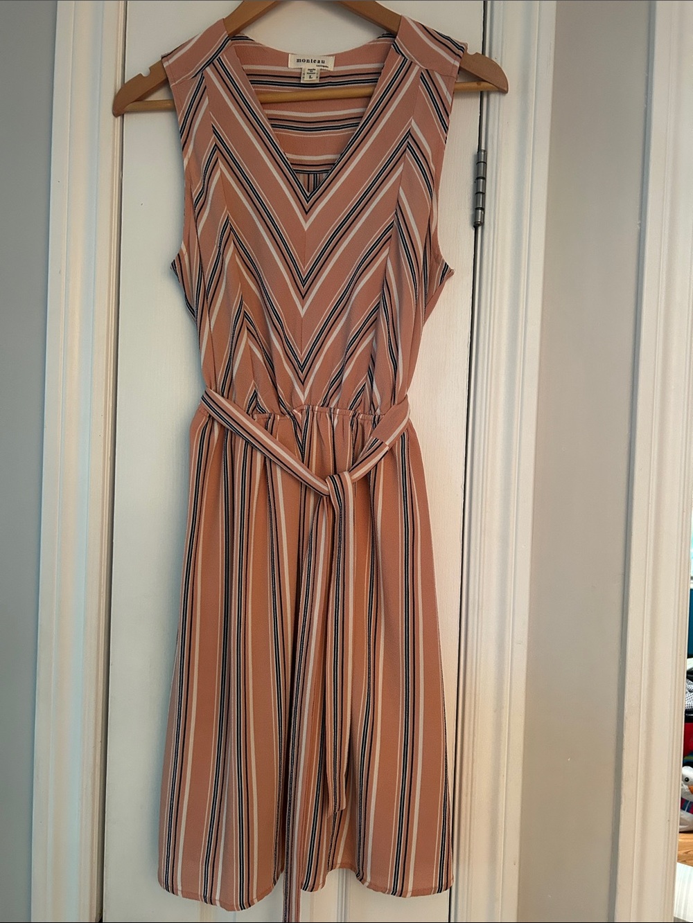 Monteau Sleeveless Peach Stripe Midi Dress with Belt